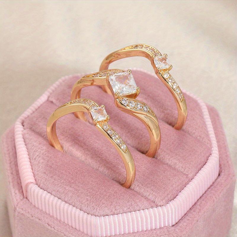 3pcs CZ Ring Set Shining Wedding Jewelry KC Golden Plated